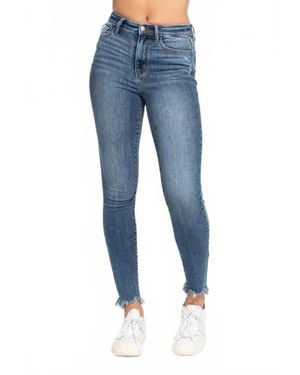 Judy Blue High Waist Skinny Jeans With Destroy And Shark Bit Hem - Blue