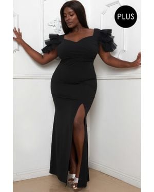 TRUEDAMES Mesh Tulle Shoulder Plus Size Maxi Dress - Black