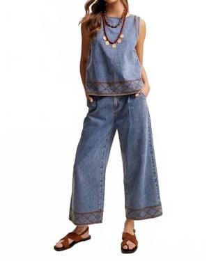 Listicle Embroidered Denim Tank & Wide Leg Pant Set - Blue