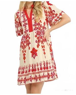 Umgee Tropical Damask Border Print Mini Dress - Red