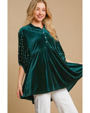 TRUEDAMES Pearl Detail Half Sleeve Velvet Babydoll Blouse - Green
