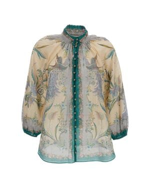 Zimmermann Cream Indra Billow Floral Cotton-Silk Blouse - Blue