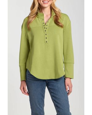 Apny Grommet Long Sleeve Placket Top - Green