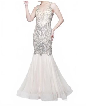Primavera Beaded Sleeveless Mermaid Evening Gown - White