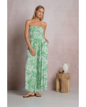 Elan Smocked Tropical Strapless Jumpsuit - Green