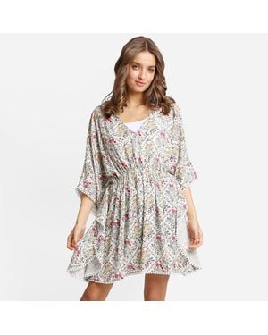 TRUEDAMES Boho Mixed Print Drawstring Mini Tunic Dress - Gray