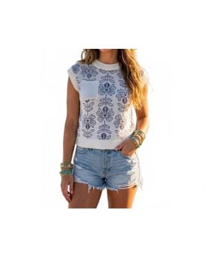 Le Miel Floral Knit Sweater Vest Top - Blue