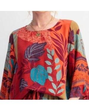 Easel Border Printed Rayon Challis Woven Top - Red