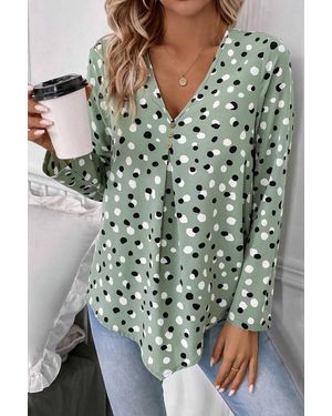 TRUEDAMES Polka Dot Print Button Front V Neck Blouse - Green