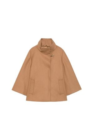 Fay Camel Cape-Style Jacket With High Collar And-Tone Clasp - Natural
