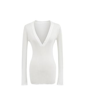 TRUEDAMES Deep V Neck Sheer T-Shirt - White