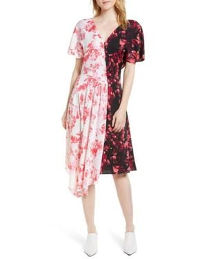 LEWIT Silk Blend Floral Print Stretch Double Contrast Midi Dress - Red