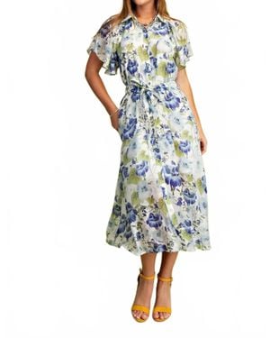 Gigio Floral Midi Shirt Lined Dress - Blue