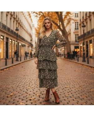 Msk Floral Long Sleeve Tiered Midi Dress - Brown
