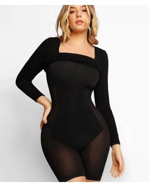 Popilush Shapewear Dress Long Sleeve Midi Dress - Black