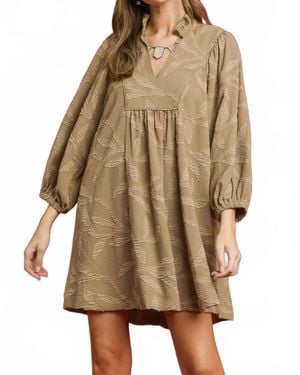 Umgee Jacquard High Ruffle Neck Dress - Brown