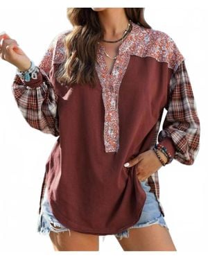 Little Daisy Closet Floral Plaid Mixed Print Bishop Sleeve Patchwork Top - Red