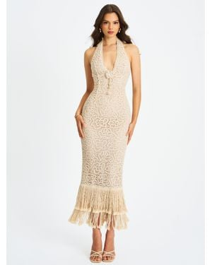 Miss Circle Faelyn Off-white Double Fringe Crochet Halter Maxi Dress