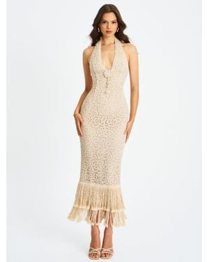 Miss Circle Faelyn Off- Double Fringe Crochet Halter Maxi Dress - White