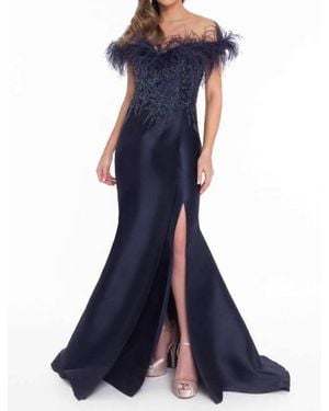 Terani Off-Shoulder With Feather Detail Evening Gown - Blue