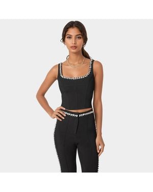 Bebe Rhinestone Detail Woven Twill Corset - Black