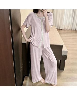 TRUEDAMES Lace Trim Short Sleeves Top Pants Loungewear Pajama Set - Natural