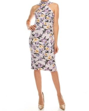 Bebe Floral Strappy Mock Neck Midi Cocktail Dress - Purple