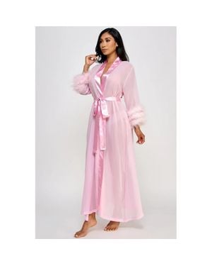 TRUEDAMES Elegant Chiffon Robe With Satin & Feather Accents - Pink