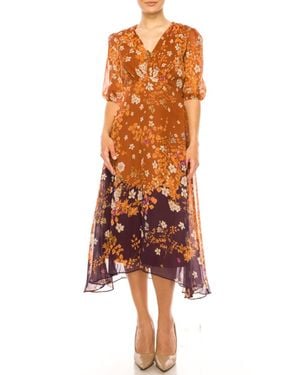 Maison Tara Floral Contrast Three Fourth Sleeve Dress - Orange