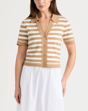 Ellen Tracy Short Sleeve Cardigan With Ric Rac Trims - White