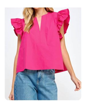 Strut & Bolt Flutter Ruffle Sleeve Poplin Top - Red
