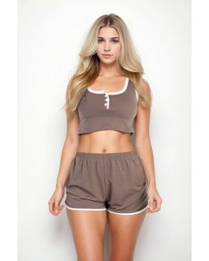 TRUEDAMES Casual French Terry Sleeveless Button Front Contrast Trim Cropped Tank Top And Shorts Set - Brown