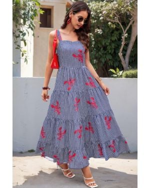 TRUEDAMES Plaid Lobster Print A Line Ruched Dress - Purple