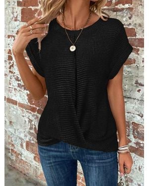 TRUEDAMES Batwing Sleeve Twist Hem Waffle Knit Tee - Black