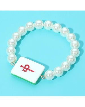 Fashnzfab Mahjong Tile Accent Pearl Beaded Stretch Bracelet Cream - Blue