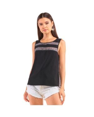 TRUEDAMES And Sleeveless Relaxed Fit Brick Pattern Print Mesh Round Neck Top - Black
