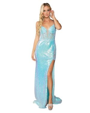 DQ Shimmering Sequin Gown With Sheer Bodice And Thigh-High Slit Prom Dress - Blue
