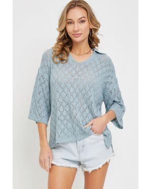 Fashnzfab Pointelle Knit Top - Blue