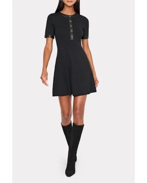 MILLY Leather Detail Flare Knit Mini Dress - Black
