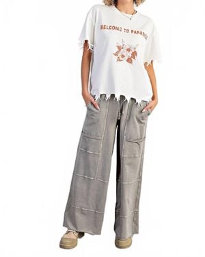 Easel Distressed Hem Terry Knit Top - White