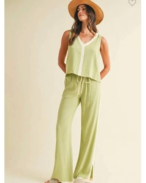 Anniewear Linen Blend Contrast Trim Sleeveless Top And Pants Set - Yellow