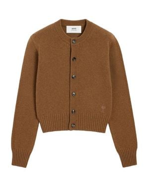 Ami Paris Ami De Coeur Cropped Embroidered Cashmere-Blend Cardigan - Brown