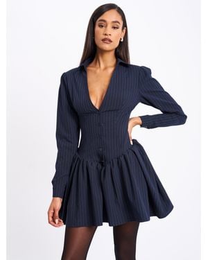Miss Circle Xabrina Navyblue Pinstripe Long Sleeve Shirt Mini Dress