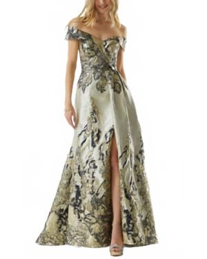 Mgny Metallic Jacquard Evening Gown - Green