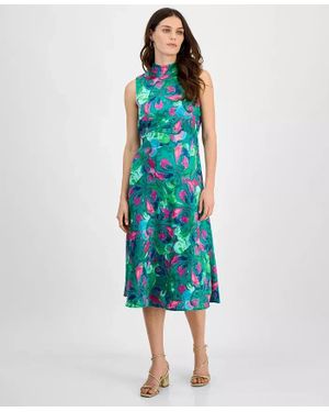 Tahari Midi Dress Jade Rose Print Lined Sleeveless Mock Neck Fts1429 - Blue
