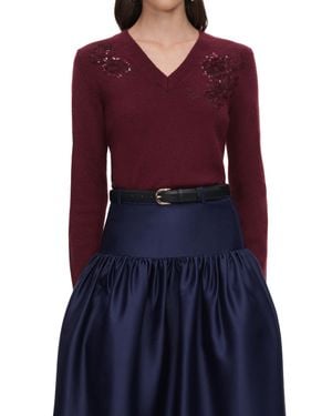 Self-Portrait Burgundy Knit Sweater With Deep V-Neckline And Floral Embellishments - Purple