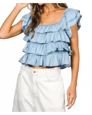 Vine & Love Tiered Flutter Sleeve Chambray Top - Blue