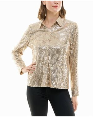 Nicole Miller Nora Sequin Button Front Shirt - Natural