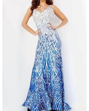 Jovani Wide V-Neck Sequin Gown - Blue