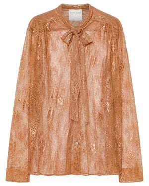 forte_forte Lace Floral High-Neck Bow Blouse - Brown